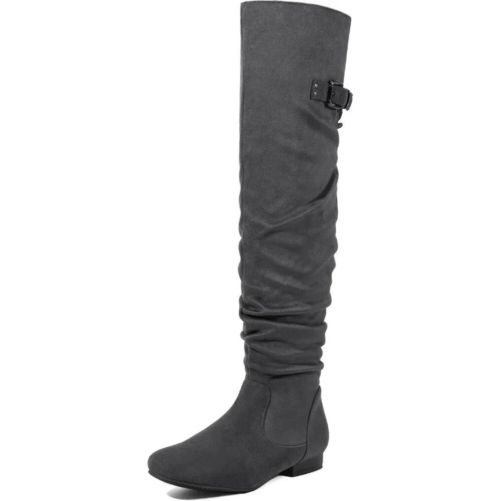 Women's Grey Suede Over The Knee Thigh High Winter Low Heel Western Boots
